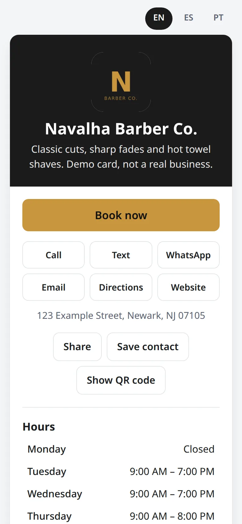 Demo digital business card for a barbershop on a phone: logo, Book now button, call, text, WhatsApp, email, directions and website buttons, Save contact, Show QR code, and opening hours