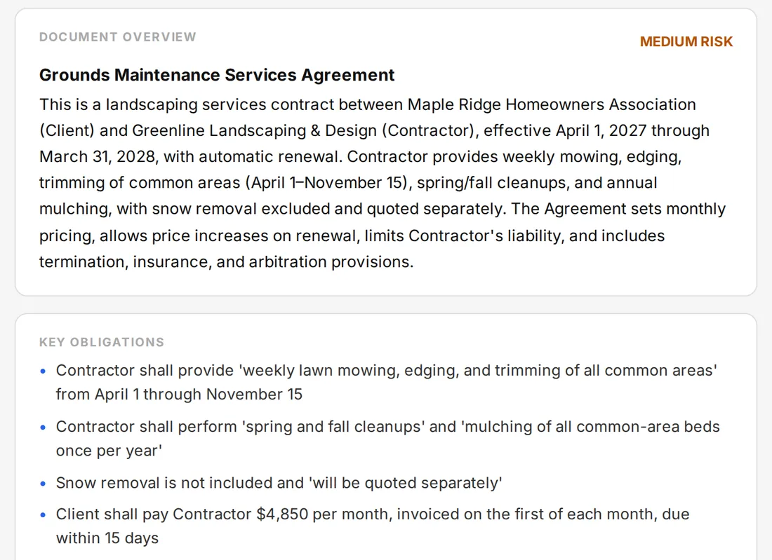 Workblox Contract Analyzer report: a plain-language summary of a landscaping services agreement, marked Medium Risk, with the key obligations listed