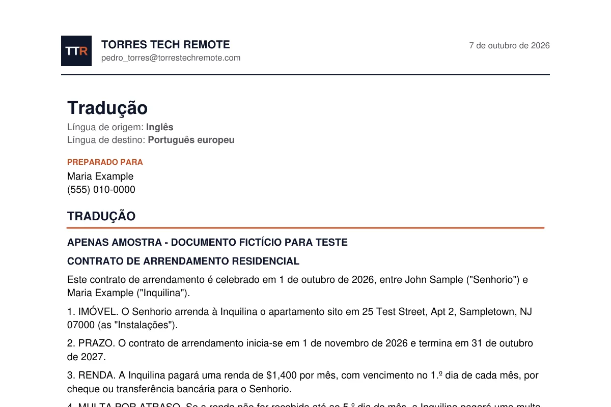 First page of a translation report: a sample residential lease translated into European Portuguese, with the Torres Tech Remote header, the source and target languages, and the first clauses