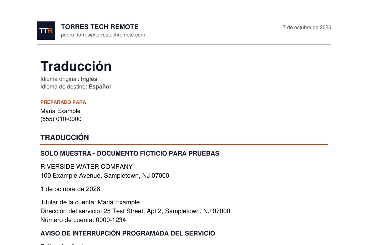 First page of a translation report: a sample water company notice translated into Spanish