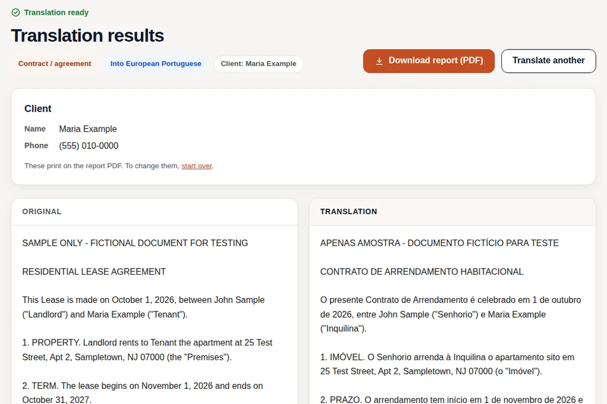 Translation results screen showing the original English lease and its Portuguese translation side by side