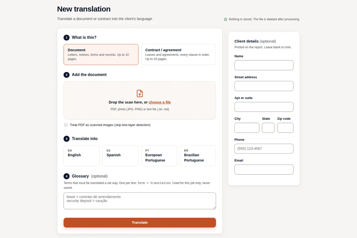 New translation screen: choose document or contract, add the scan, pick English, Spanish, European Portuguese or Brazilian Portuguese, and an optional glossary